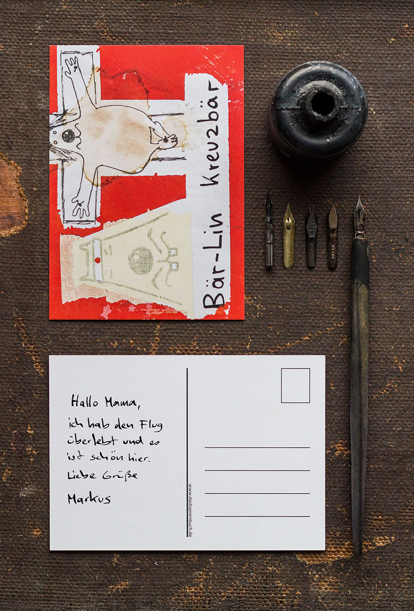 Das Bärenbuch Postkarte Bärlin Kreuzbär - Das Bärenbuch, lustige Wortwitze mit Bären im Cartoon und Comicstil von Künstler, Illustrator und Autor Markus Wülbern